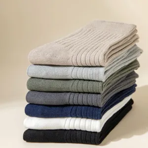 Classic ribbed double-needle business men's socks in multiple solid colors, soft cotton.
