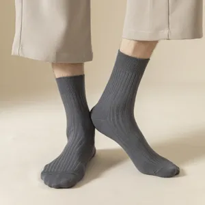 Men's dark grey ribbed crew socks, classic solid color business casual cotton socks for daily wear.