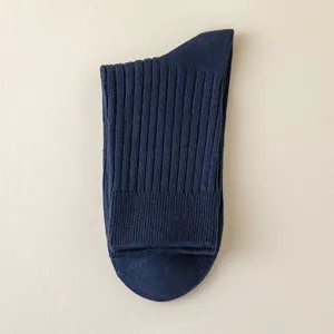 Men's navy blue ribbed casual dress socks, comfortable solid color cotton daily wear crew socks.