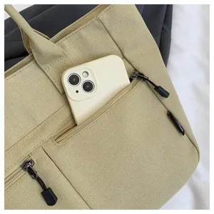 Canvas tote bag detail view showing zipper pocket design and durable fabric material for daily use.