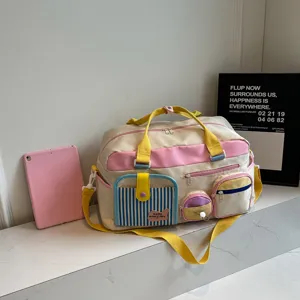 Dopaminfarbene Reisetasche mit vielen Taschen, große Freizeit Sport Schultertasche für Damen.