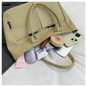 Casual canvas tote bag with zipper closure, large capacity daily shoulder bag for women and students