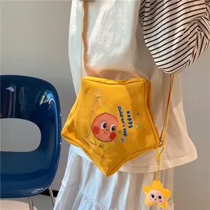 Cute star canvas crossbody bag yellow shoulder bag with plush pendant for kids and girls
