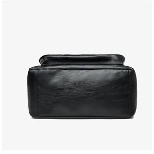 Black PU leather handbag bottom detail shot showing texture and stitching craftsmanship.