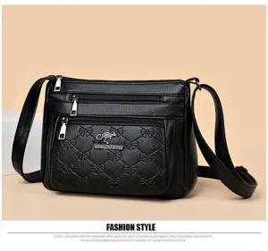 Black soft leather shoulder bag with multi-pockets stylish crossbody purse for women daily use