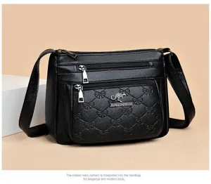 Black leather shoulder bag for women, multi-pocket crossbody bag with retro bow pattern.