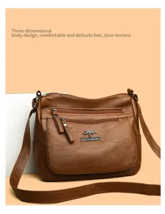 Stylish women's brown PU leather multi-layer crossbody shoulder bag with clear texture.