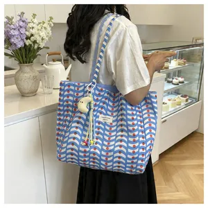 Borsa shopper in tela stile coreano con motivo a onde blu, borsa a spalla capiente per uso quotidiano.