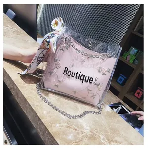 Transparent PVC jelly crossbody bag with floral embroidery pink inner pouch and chain strap detail