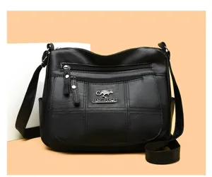 Black PU leather women crossbody bag detail, multi-layer retro shoulder bag with zipper.