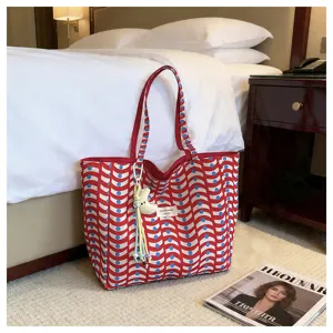 Borsa tote in tela in stile coreano di grande capacità con motivo a onde rosse e bianche.