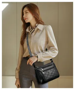 Elegant black soft leather women's shoulder bag with multi-zipper and cute bow embossing.