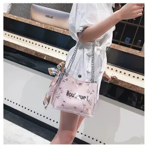 Transparent PVC jelly shoulder bag with chain strap, floral embroidery and fashion style.