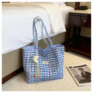 Borsa shopper in tela grande capacità stile coreano, borsa a spalla con motivo a onde blu.