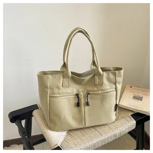 Japanese style canvas tote bag for women, commuter zipper handbag, casual minimalist student bag.