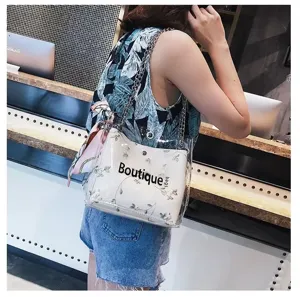 Transparent PVC Jelly Shoulder Bag with Chain Strap and Silk Scarf Fashion Women