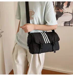 Black nylon crossbody bag with three stripes sports shoulder bag for women casual daily use
