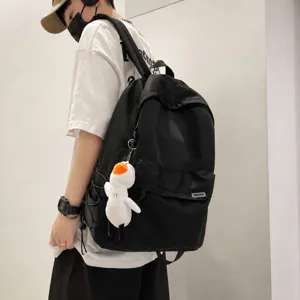 Men simple large capacity backpack casual travel school bag with cute plush duck pendant black