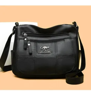 Classic multi-layer women's PU leather crossbody bag, stylish large capacity vintage shoulder bag.