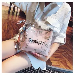 Clear PVC jelly crossbody bag for women with floral embroidery, pink inner pouch and chain strap.