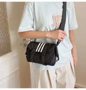 Black nylon crossbody bag with three stripes, casual single shoulder bag for women daily use