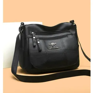 Women black pu leather crossbody shoulder bag multi-layer retro casual ladies stylish handbag