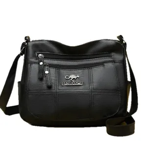 Classic black pu leather multi-layer crossbody shoulder bag for women daily commute.