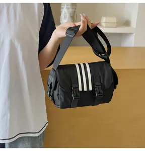 Women nylon crossbody bag three stripe sports shoulder bag casual black large capacity