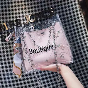 Candy Color Fashion Transparent PVC Jelly Crossbody Bag With Embroidery Inner Pouch Chain Strap Shoulder Handbag For Women