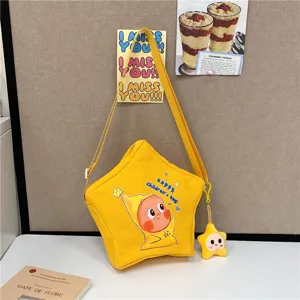 Cute star canvas crossbody bag yellow cartoon star design messenger bag with cute pendant.