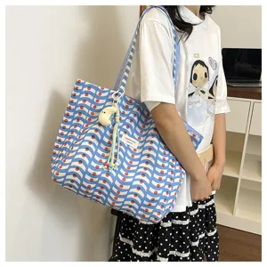 Borsa a tracolla in tela di grande capacità stile coreano da donna dettaglio quotidiano