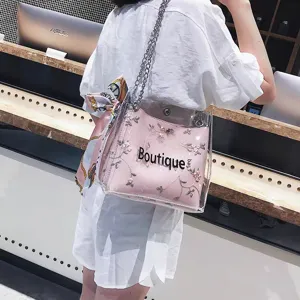 Candy color sweet style clear PVC crossbody jelly bag with floral embroidery and chain strap.