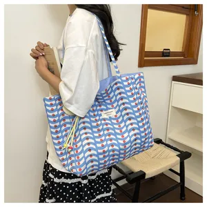 Borsa shopper in tela stile coreano grande capacità, comoda borsa a spalla casual per donna.