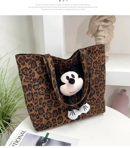 Women leopard print canvas tote bag winter large capacity handbag with cute plush toy decor