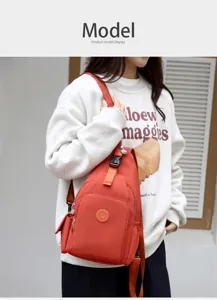 Lightweight waterproof nylon sling backpack detail view, multi-compartment casual daily chest bag.