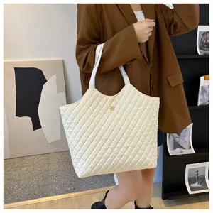 Women Large Capacity Quilted Tote Bag White Oxford Cloth Fashion Casual Shoulder Handbag