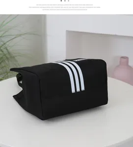 Black canvas tote bag large capacity lunch handbag casual commute bag with white stripes design