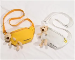 Canvas chest bag with cute plush bear, casual crossbody shoulder bag for women and students.