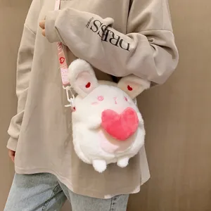 Niedliche Plüsch Kaninchen Umhängetasche für Mädchen, weiche weiße flauschige Handtasche mit Herz.