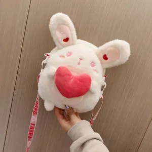 Süße weiße Plüsch Kaninchen Umhängetasche mit rosa Herz für Mädchen und Kinder Winter Mode.