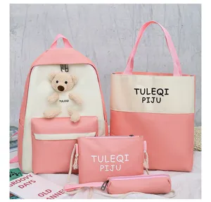 Pink student backpack set, cute multi-piece school bag tote crossbody bag with bear pendant.