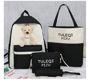 Canvas student backpack set 4-piece black white school bag tote crossbody bag pencil case