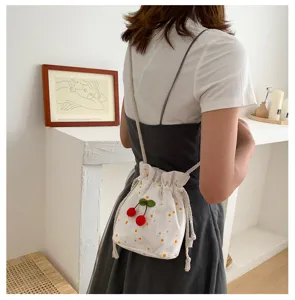 Sac seau en toile pour femme mignon imprimé floral sac à bandoulière avec cerise