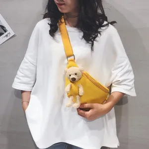 Cute Bear Canvas Chest Bag For Women Casual Solid Color Letter Crossbody Bag Student Fashion Shoulder Bag