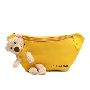 Cute yellow canvas chest bag with fluffy teddy bear, casual crossbody waist bag for daily use.