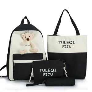 Canvas backpack set 4 pieces black white school bag cute bear pendant casual daypack