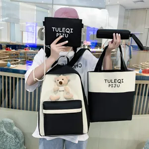 Korean style student backpack set multi-piece black white school bag with cute bear pendant