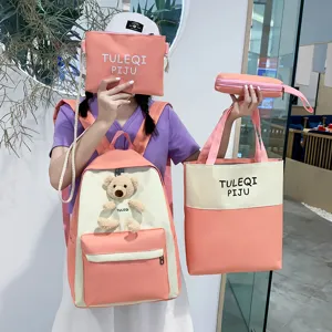 Cute pink aesthetic school backpack set for teenage girls with bear pendant and multi bags.