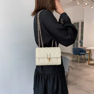 Chic quilted chain crossbody bag for women, elegant white leather shoulder small square bag.