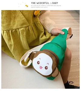 Detailed view of cute cartoon monkey canvas sling chest bag for kids, perfect for daily outdoor.
